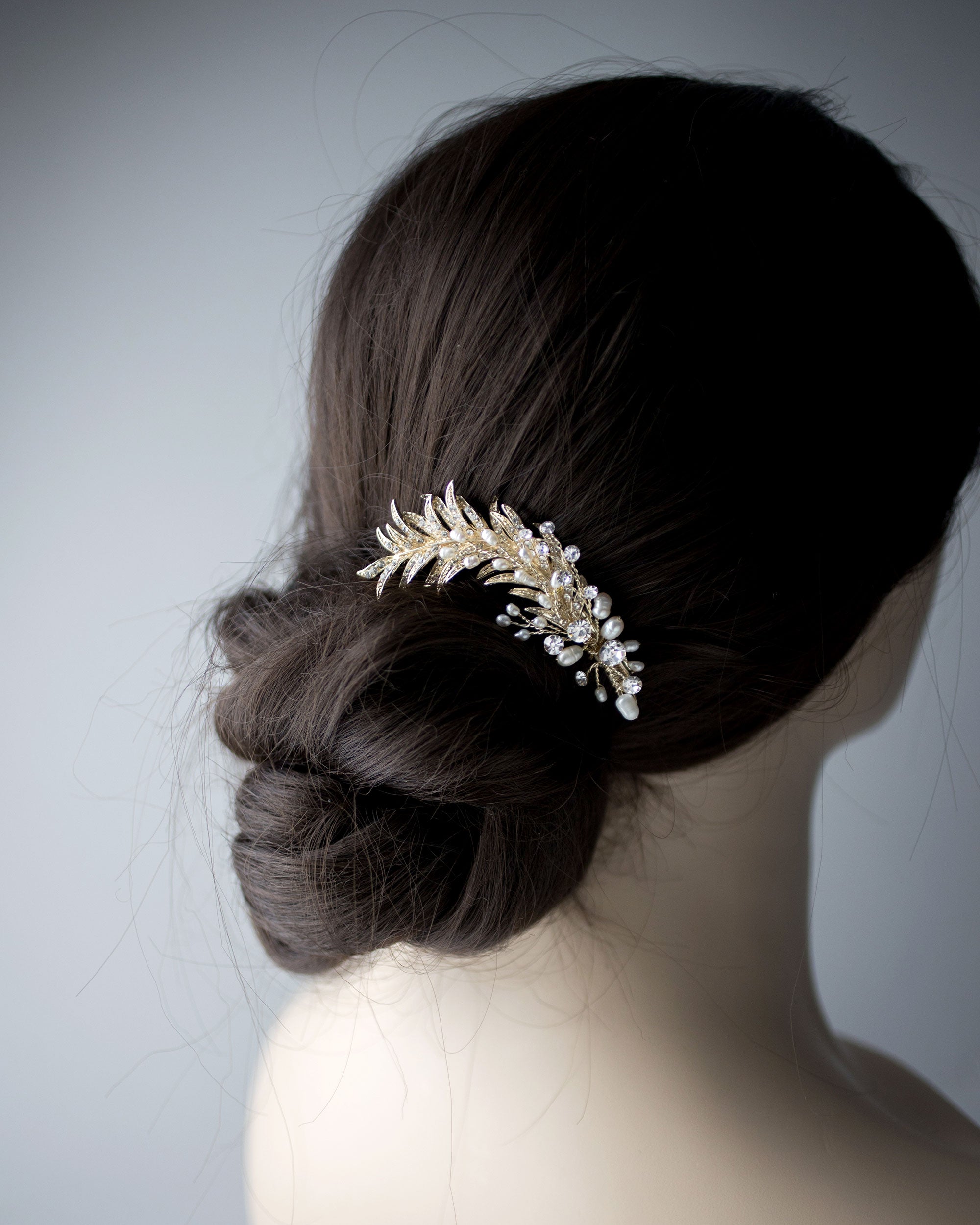 Light Gold Crystal Feather Hair Clip with Pearls
