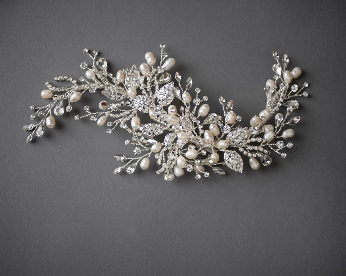 Crystal Leaves and Freshwater Pearls Bridal Clip - Cassandra Lynne