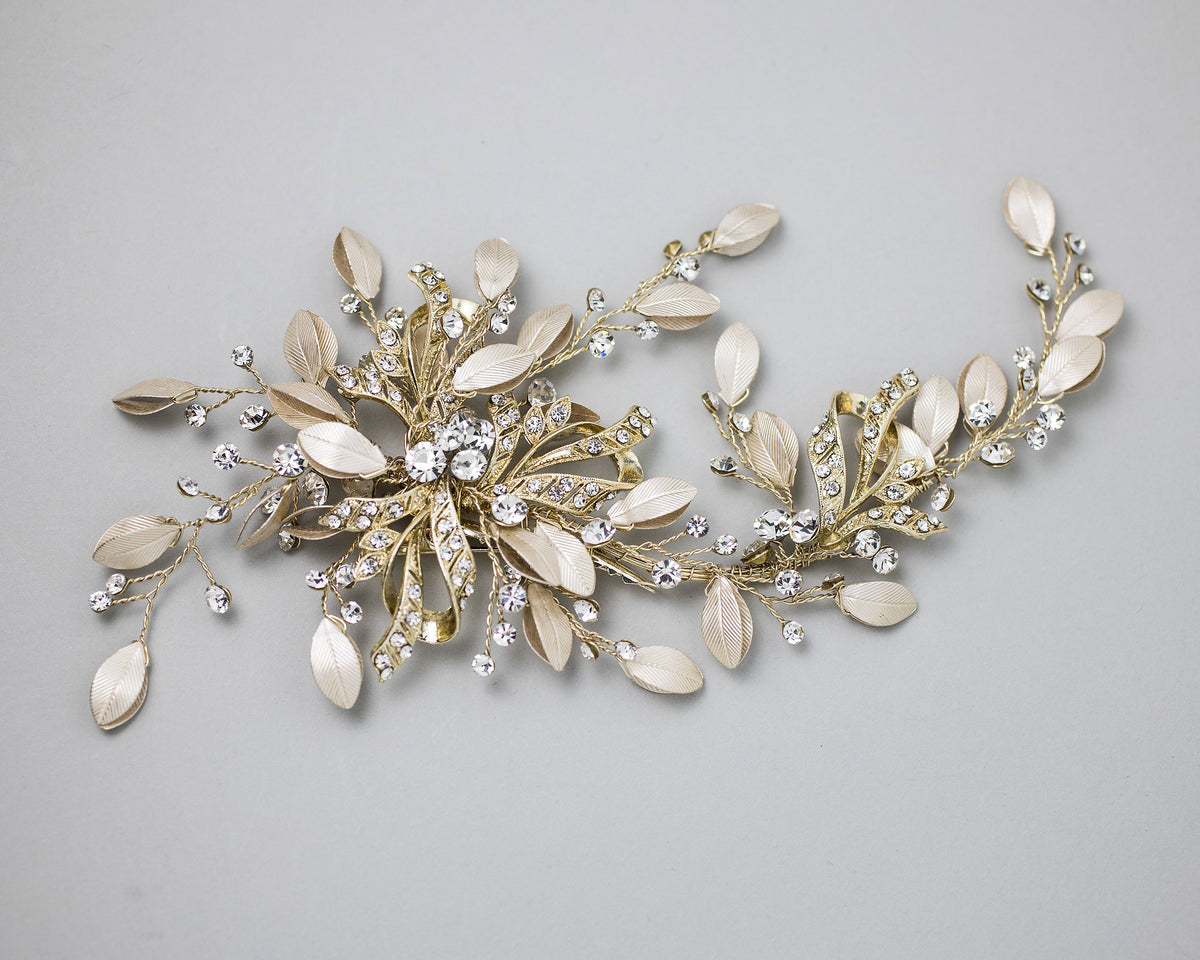 Gold Floral Matte Leaves Bridal Hair Clip