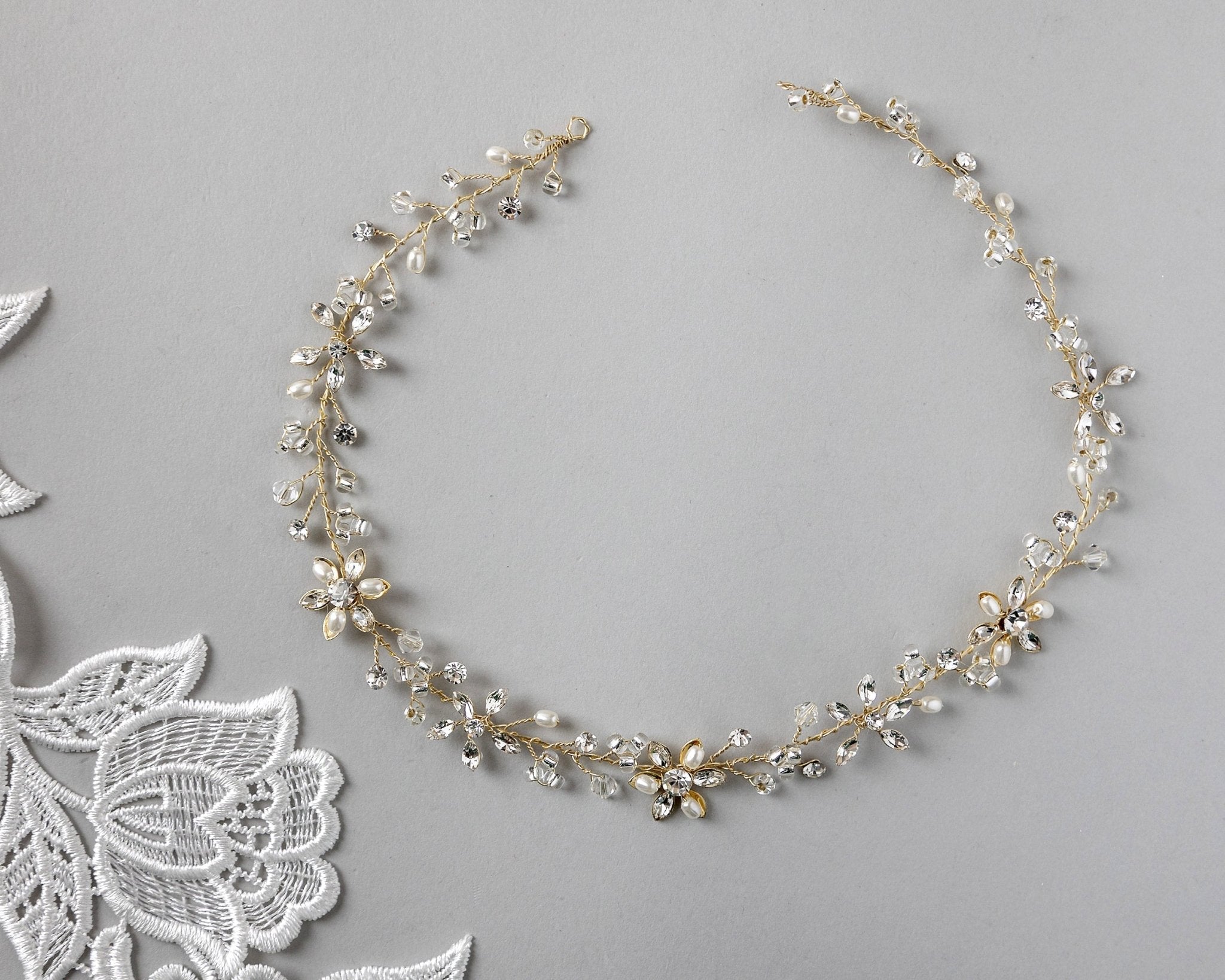 Bridal Headpiece of Pearl and Marquise Flowers - Headband - Cassandra Lynne