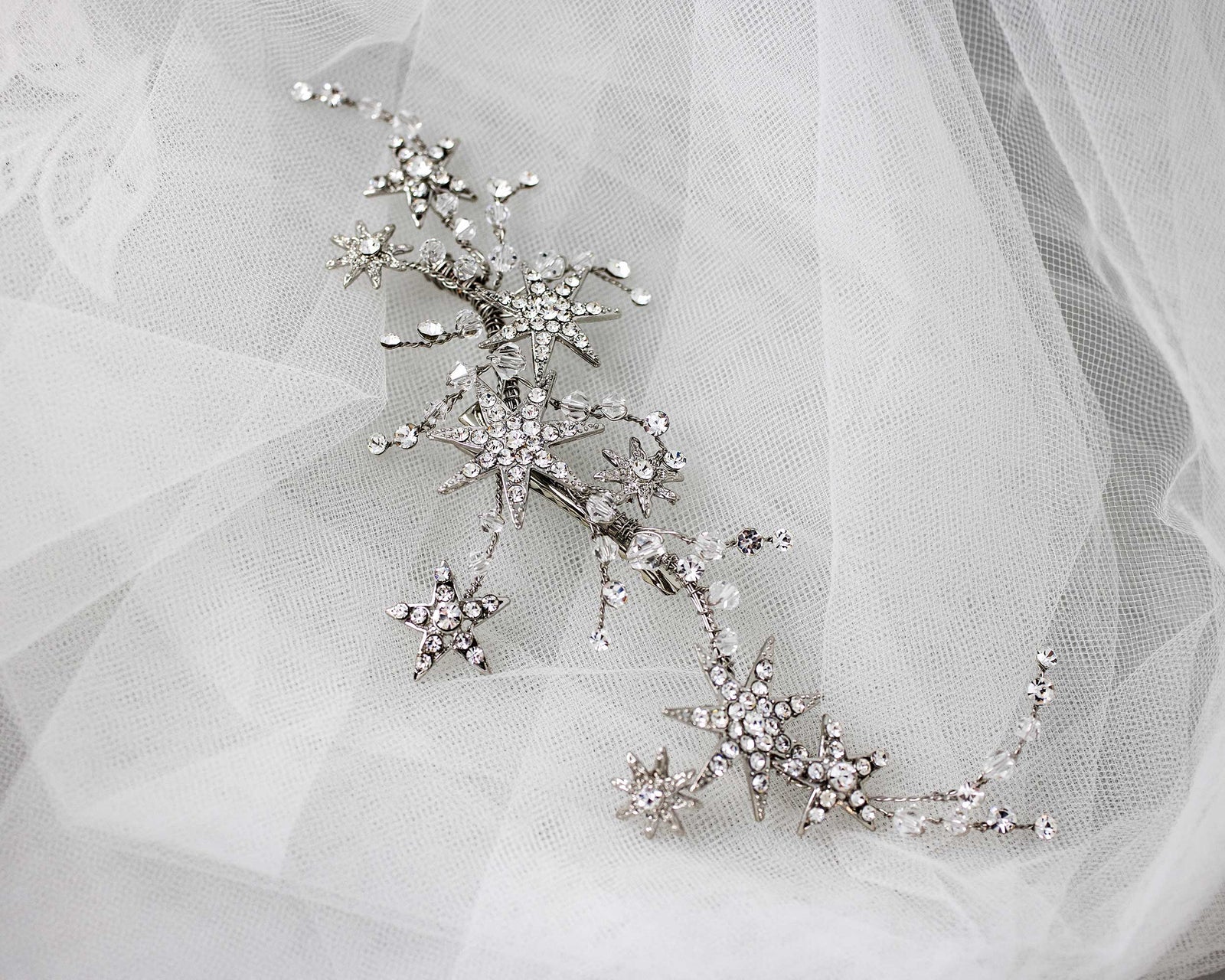 Antique Silver Crystal Stars Hair Clip