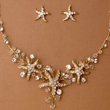 Three crystal covered starfish are surrounded by crystal stones and beads for a sparkly look. Matching bracelet here.