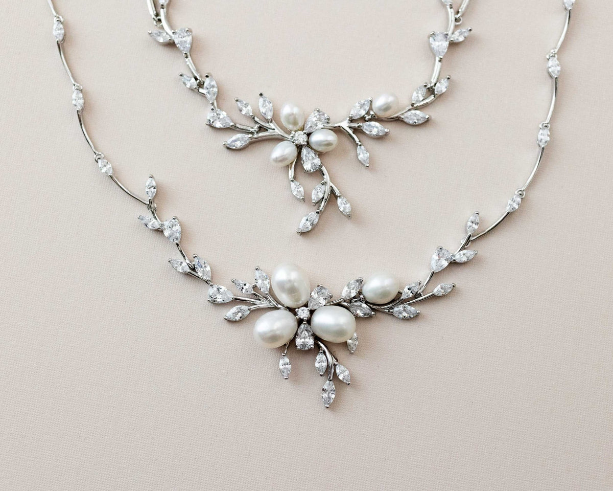 Bridal Jewelry Necklace Set with Pearl Flower and CZ - Necklace Set - Cassandra Lynne