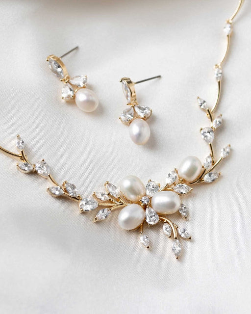 Bridal Jewelry Necklace Set with Pearl Flower and CZ - Necklace Set - Cassandra Lynne