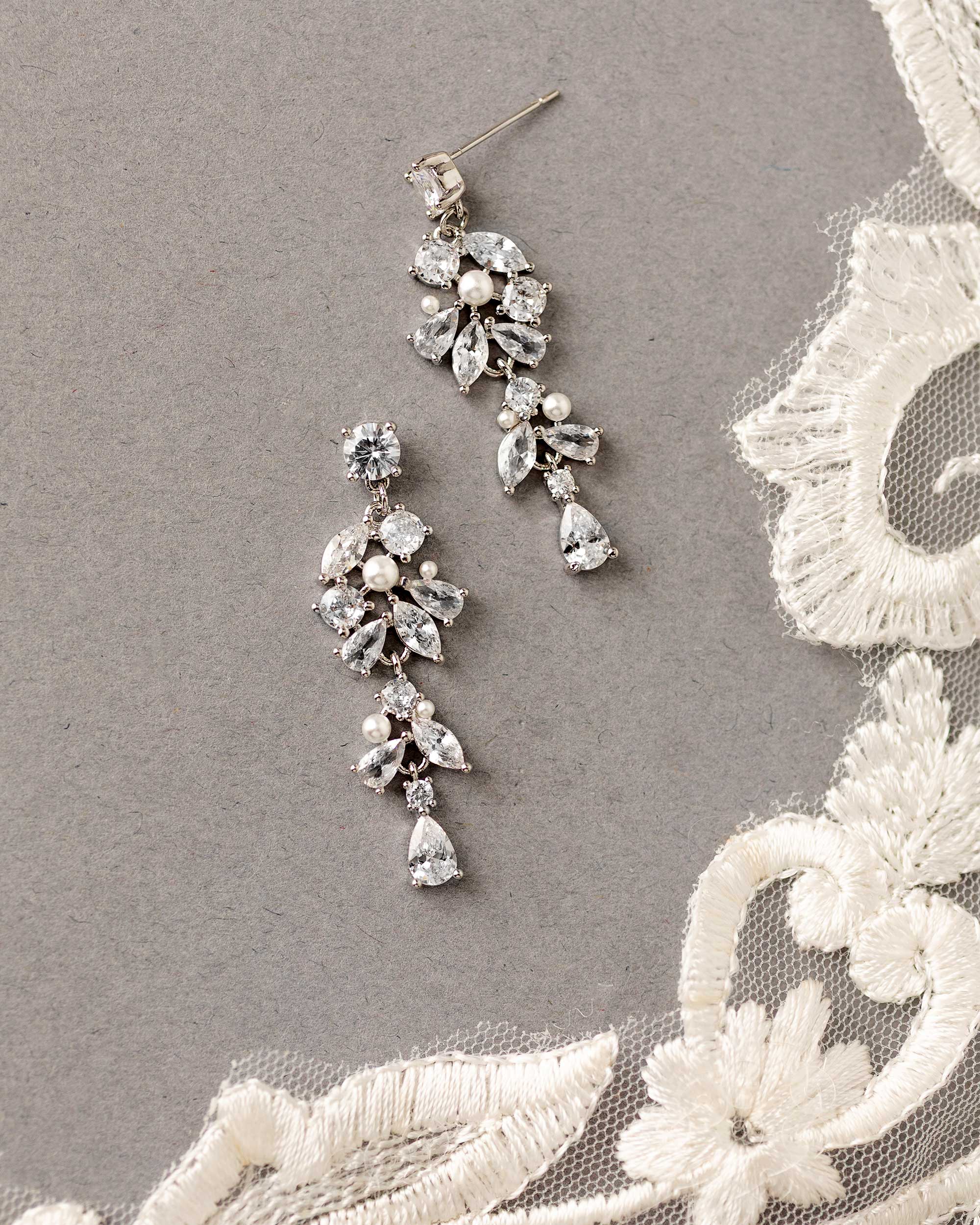 Tiny Pearls and CZ Drop Earrings for the Bride Silver- Cassandra Lynne