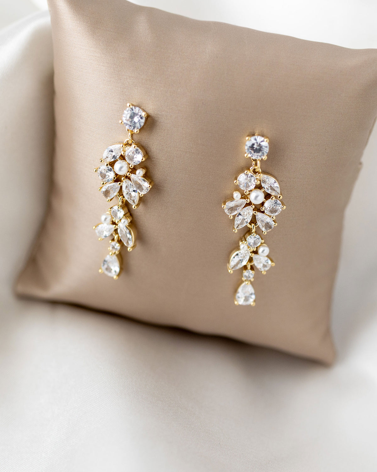 Tiny Pearls and CZ Drop Earrings for the Bride Gold - Cassandra Lynne