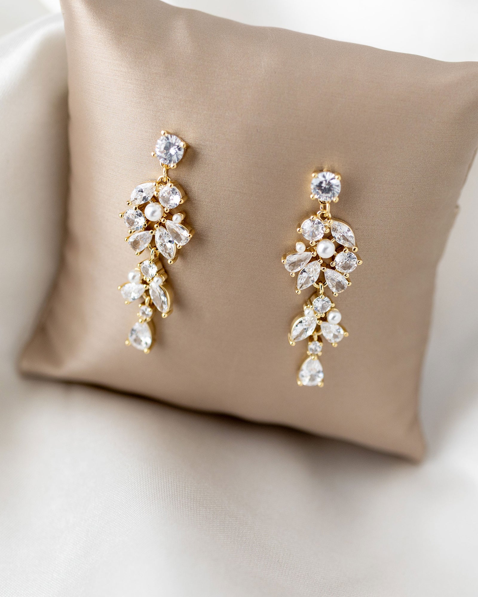 Tiny Pearls and CZ Drop Earrings for the Bride Gold - Cassandra Lynne