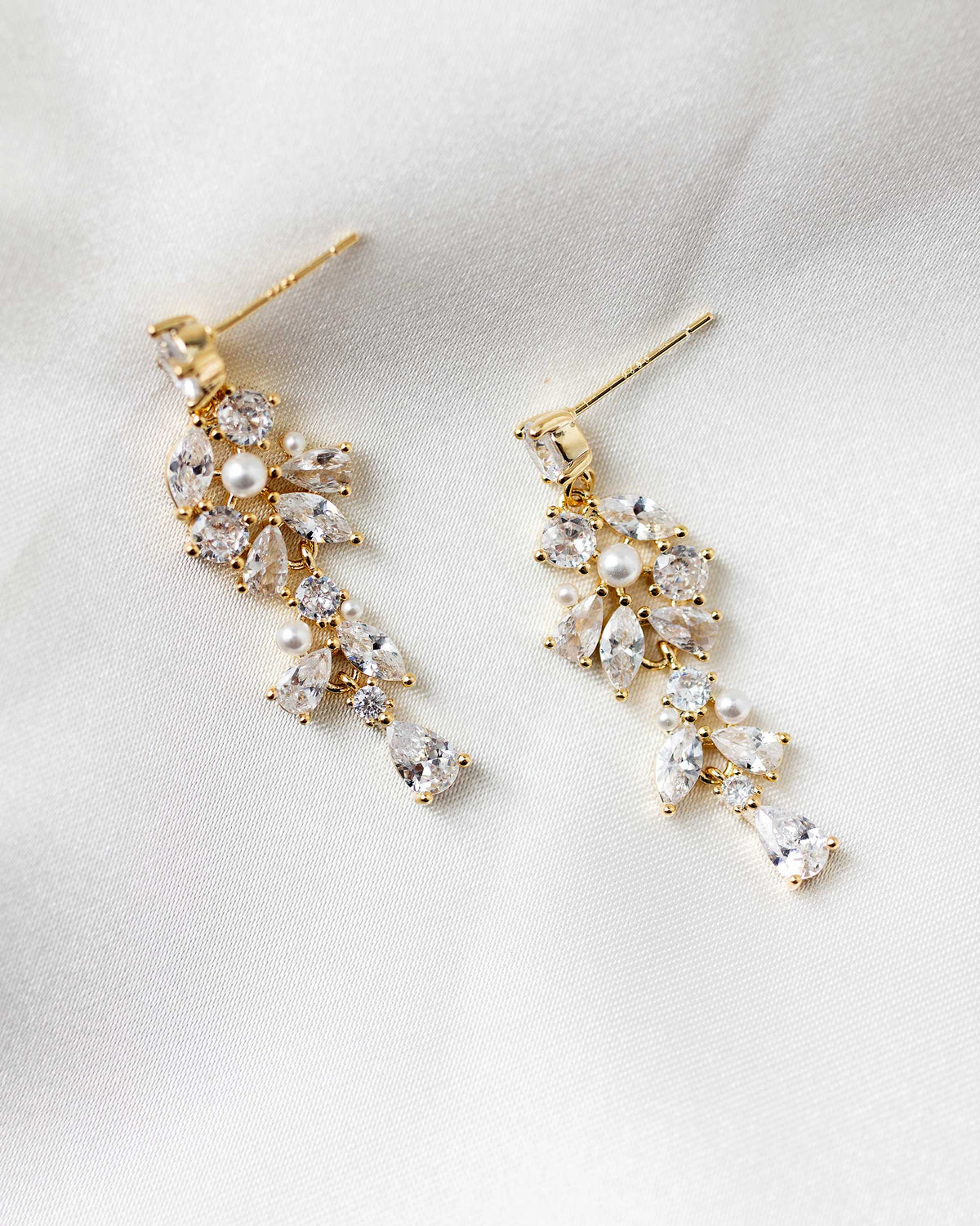 Tiny Pearls and CZ Drop Earrings for the Bride Gold - Cassandra Lynne