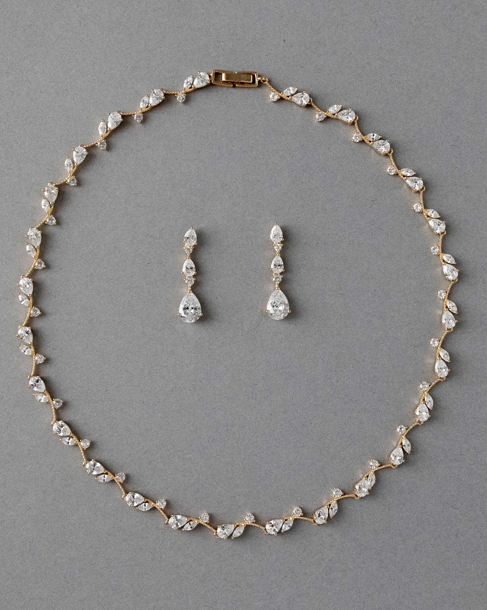 Pear Flower Buds Linked CZ Necklace and Earrings