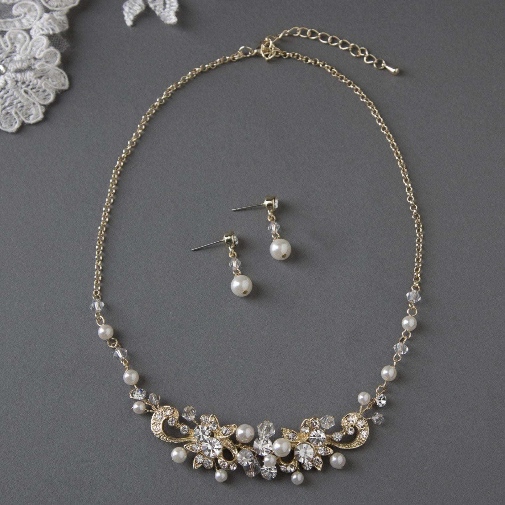 Bridal Necklace Set Of Floral Crystals and Ivory Pearls - Necklace Set - Cassandra Lynne