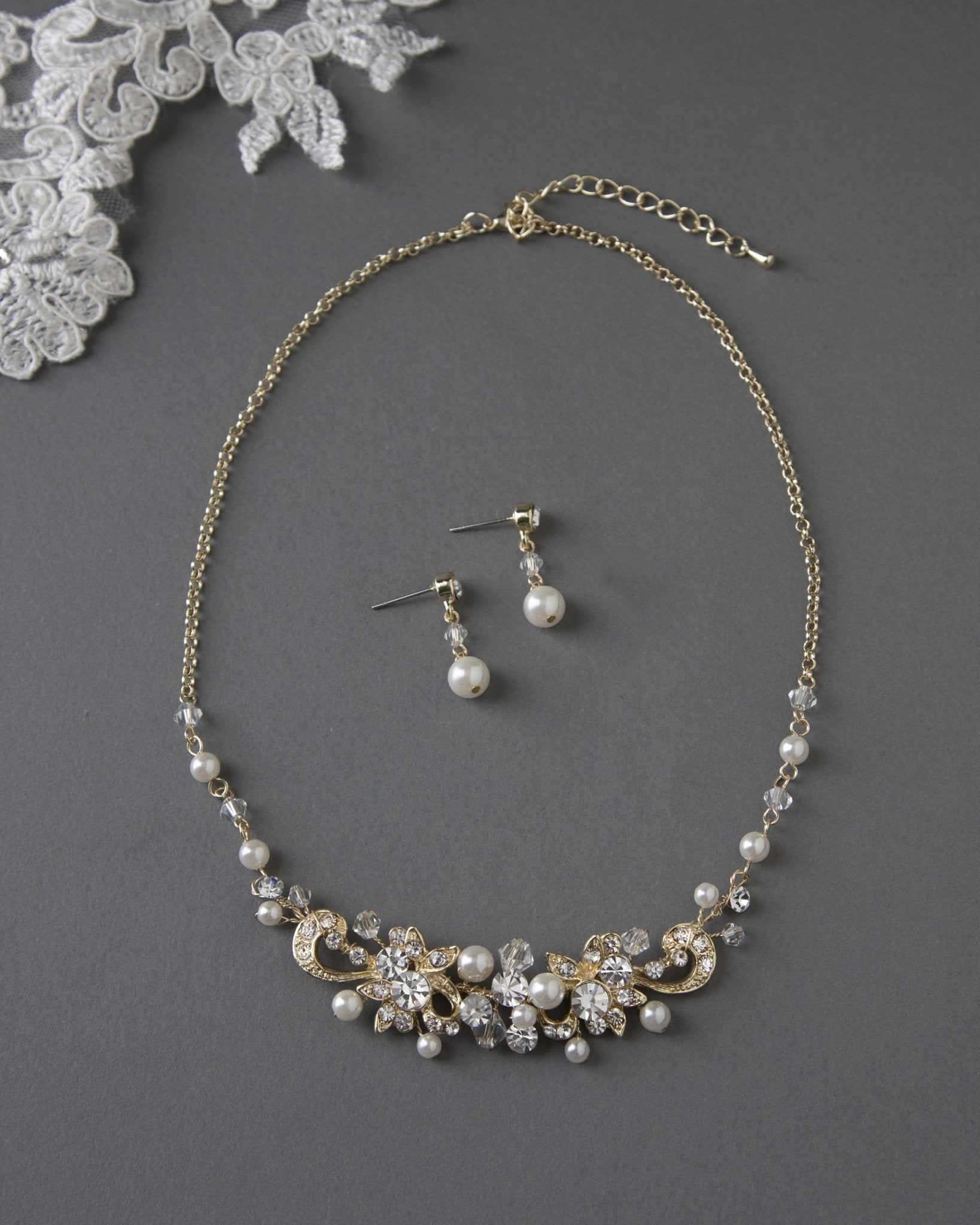 Bridal Necklace Set Of Floral Crystals and Ivory Pearls - Necklace Set - Cassandra Lynne