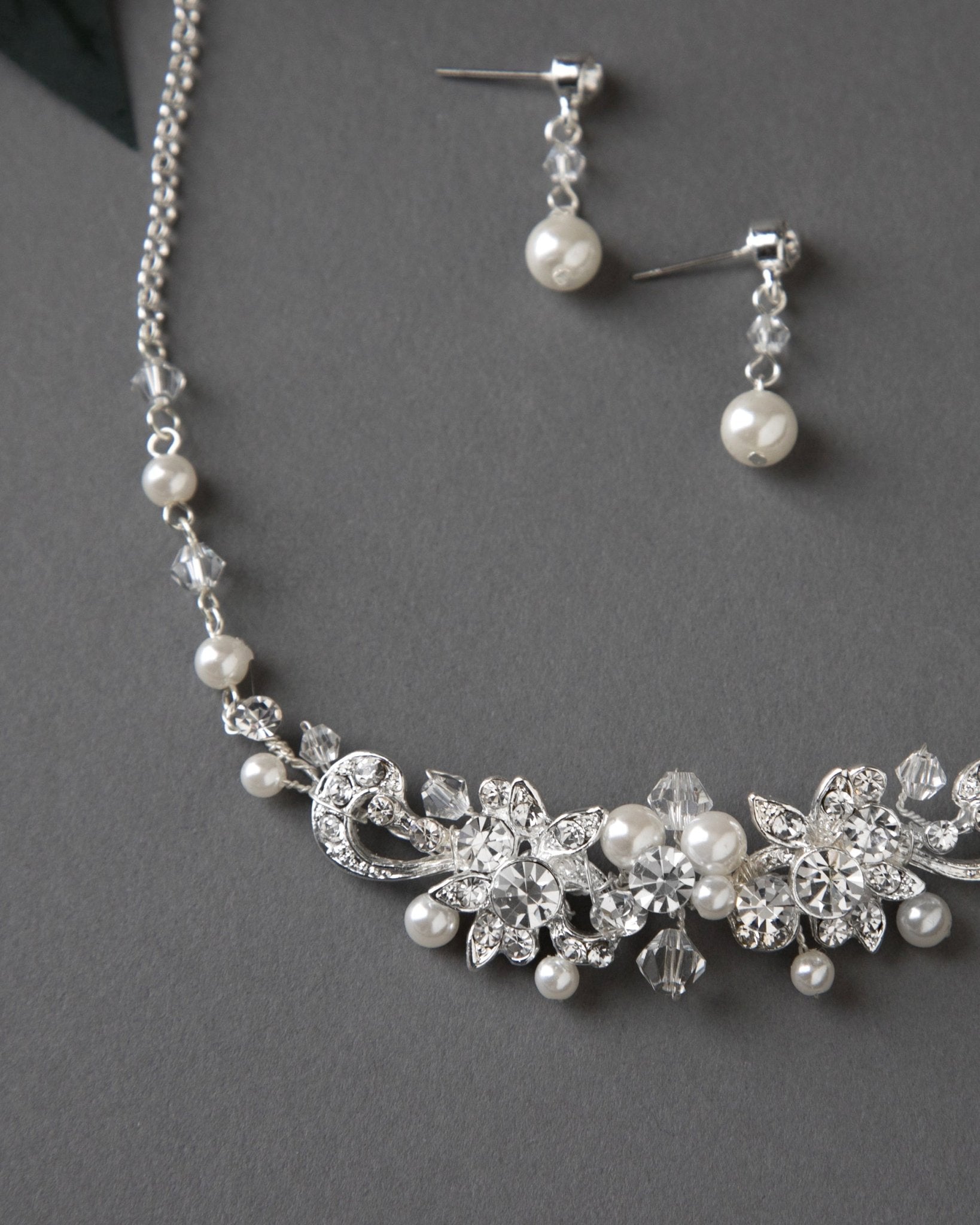 Bridal Necklace Set Of Floral Crystals and Ivory Pearls - Necklace Set - Cassandra Lynne