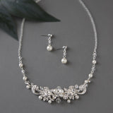 Bridal Necklace Set Of Floral Crystals and Ivory Pearls - Necklace Set - Cassandra Lynne