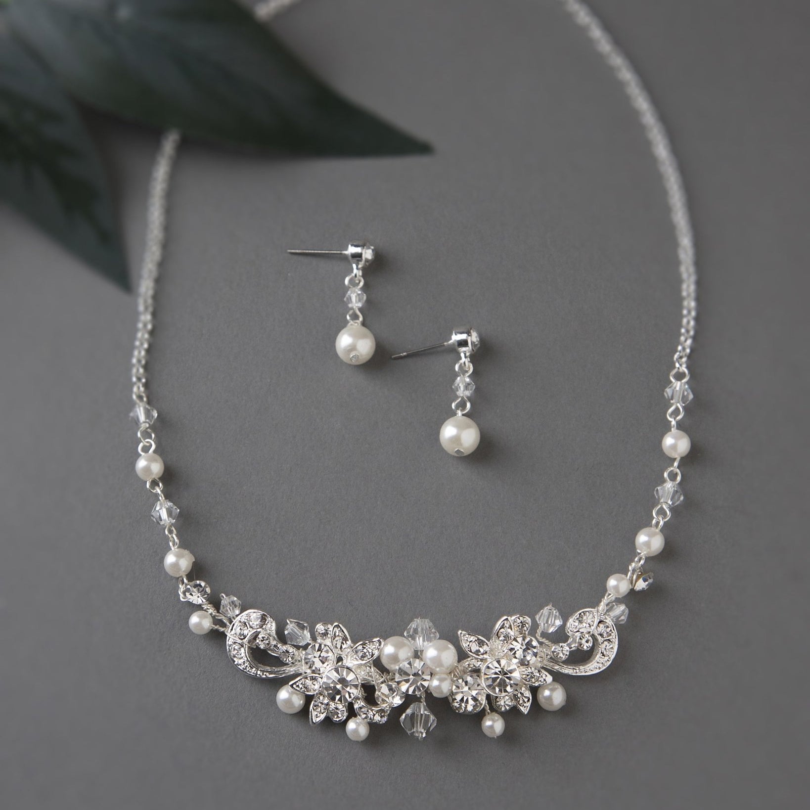 Bridal Necklace Set Of Floral Crystals and Ivory Pearls - Necklace Set - Cassandra Lynne