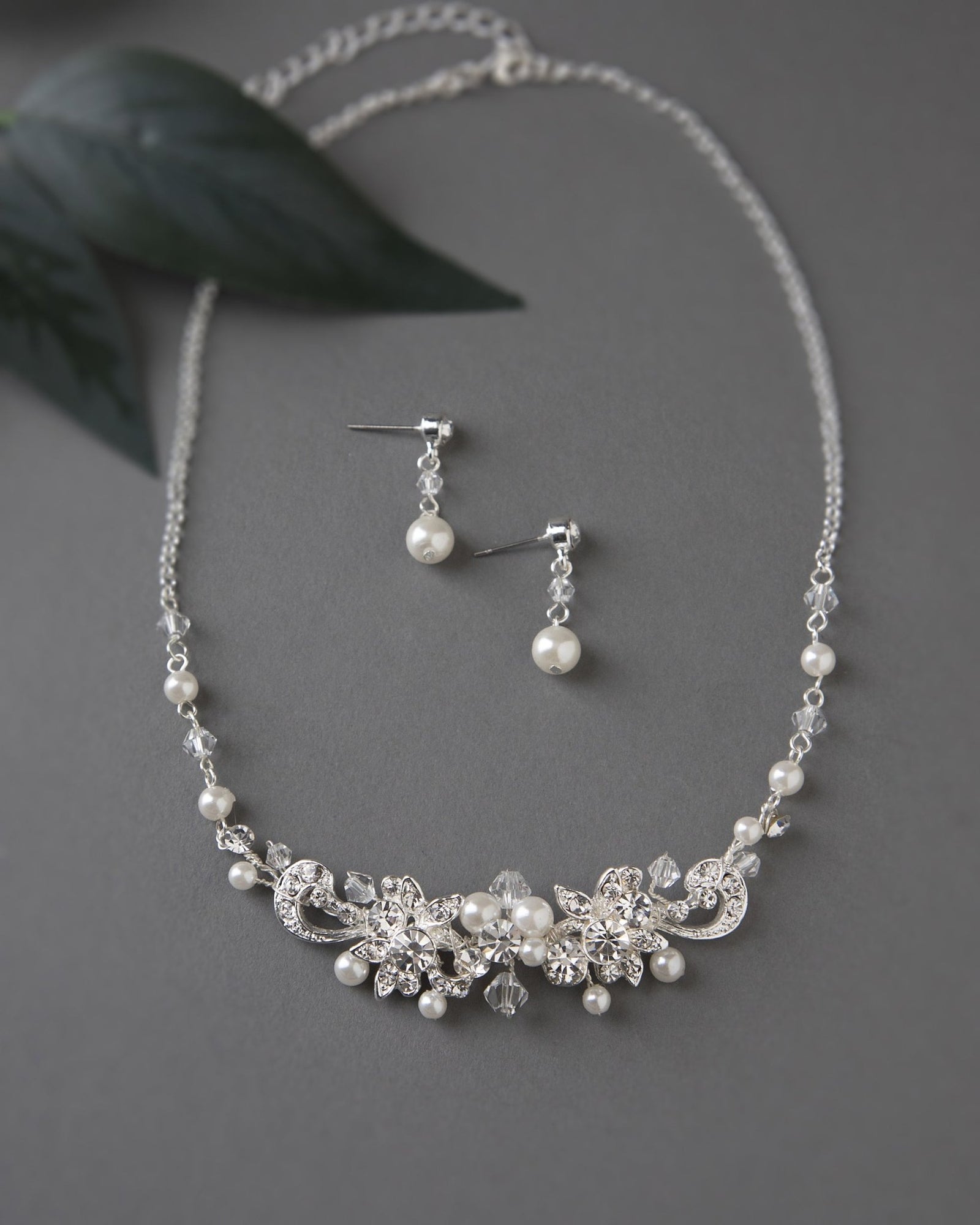 Bridal Necklace Set Of Floral Crystals and Ivory Pearls - Necklace Set - Cassandra Lynne
