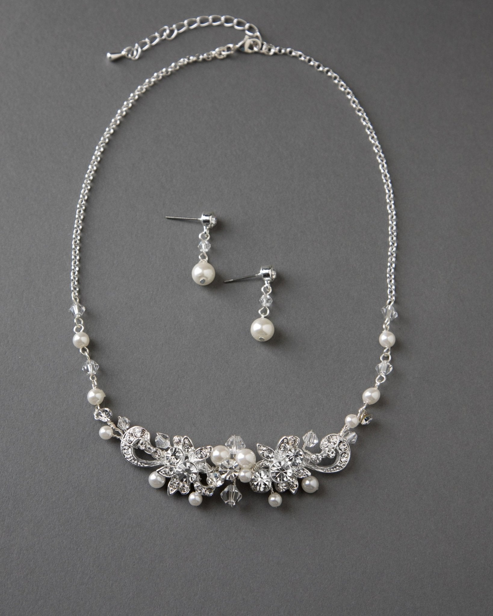 Bridal Necklace Set Of Floral Crystals and Ivory Pearls - Necklace Set - Cassandra Lynne