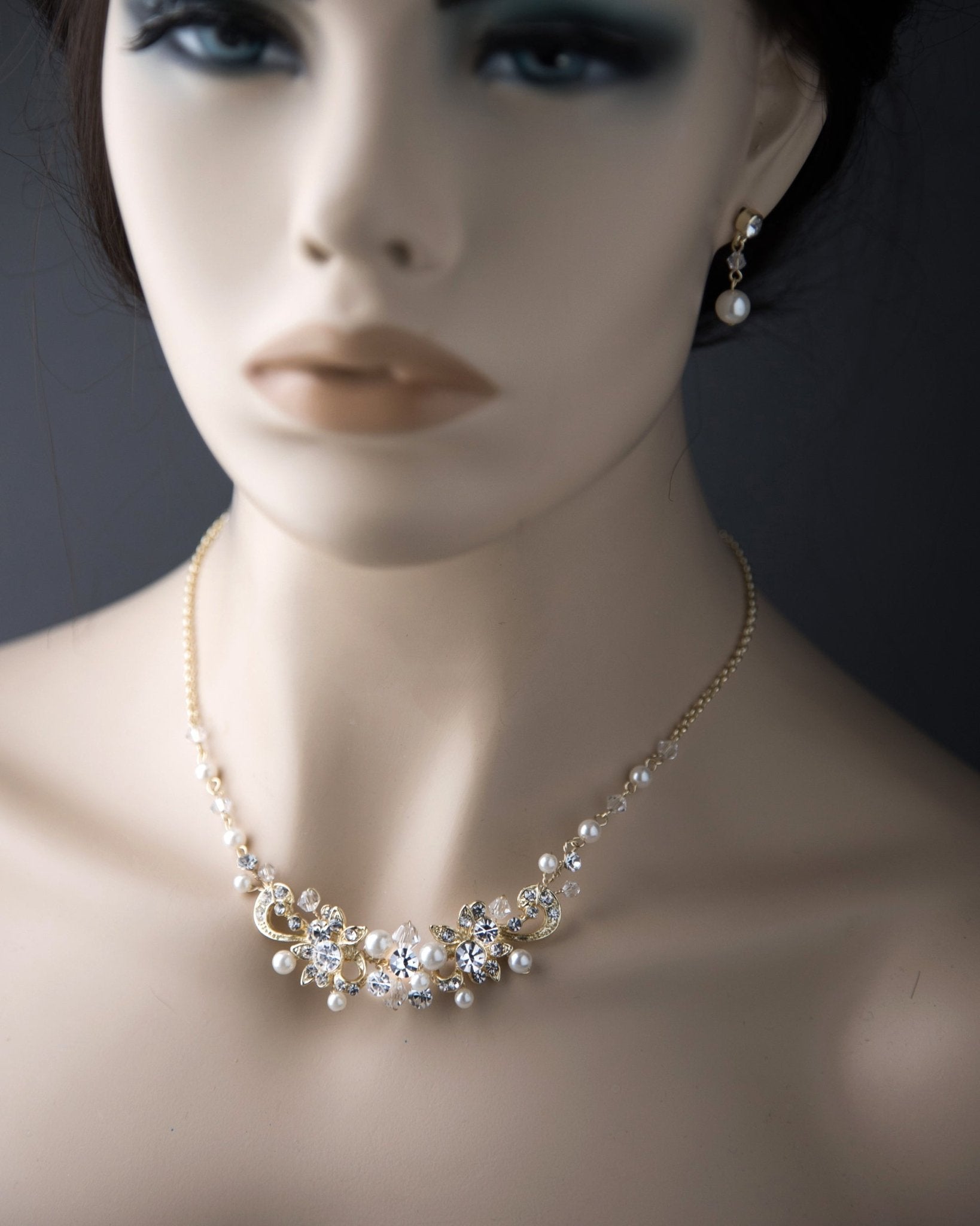 Bridal Necklace Set Of Floral Crystals and Ivory Pearls - Necklace Set - Cassandra Lynne