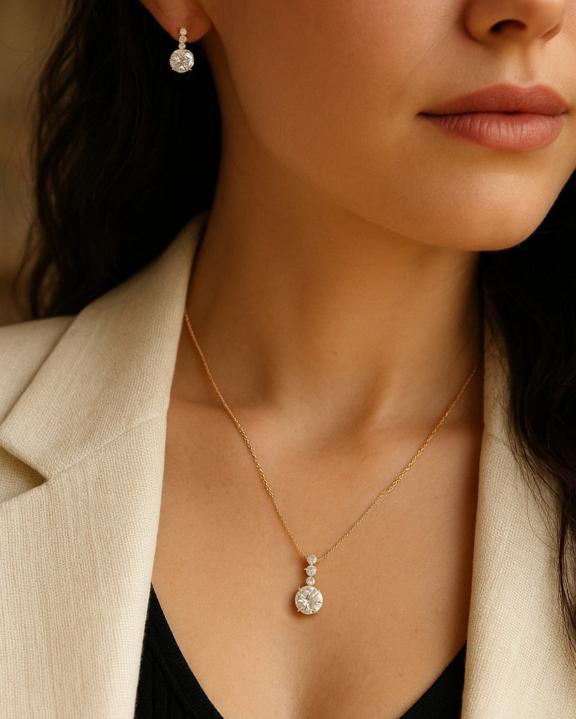 Round CZ Jewel Pendant Necklace Earring Set