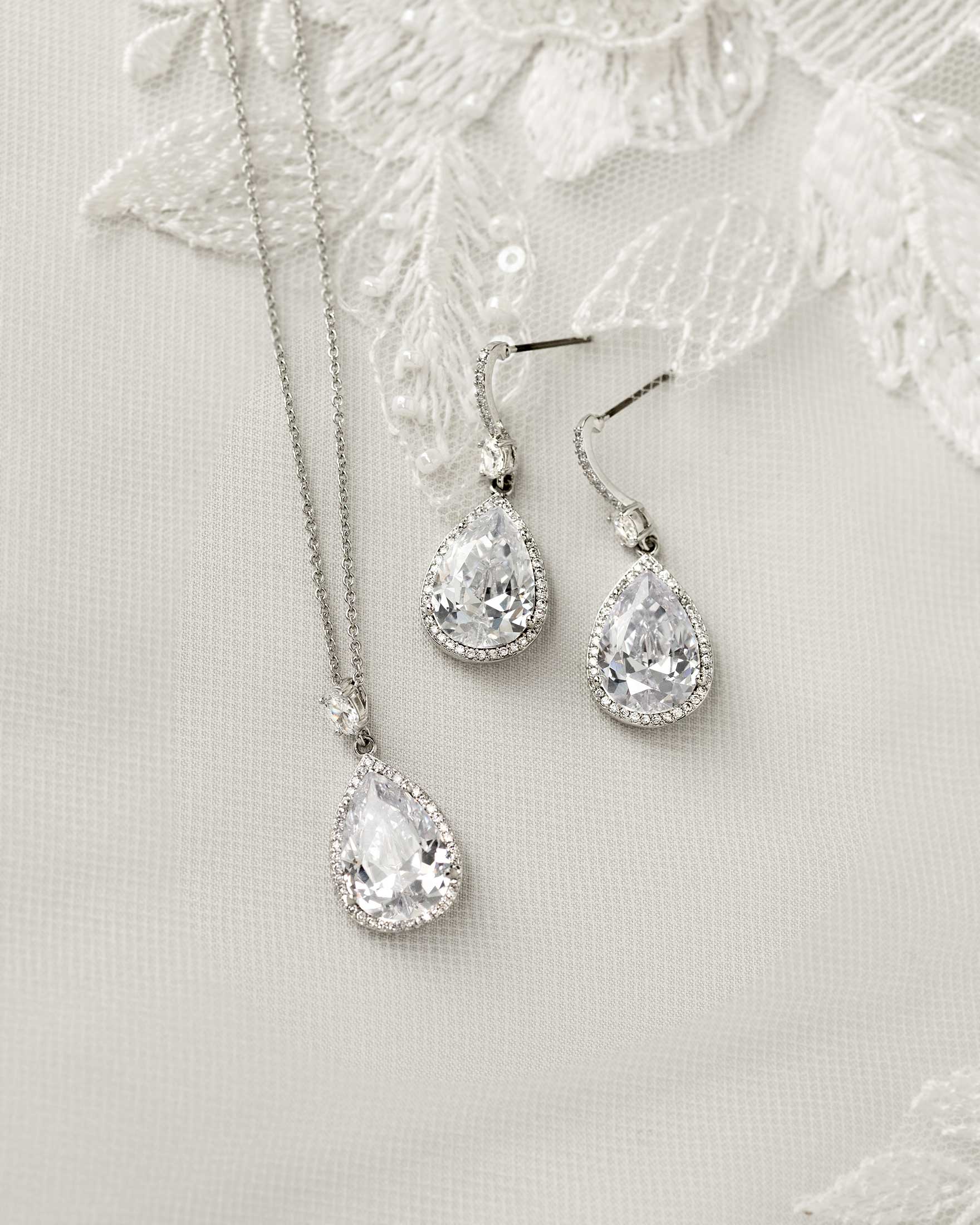 Pave Pear Drop Wedding Earrings and Pendant Necklace