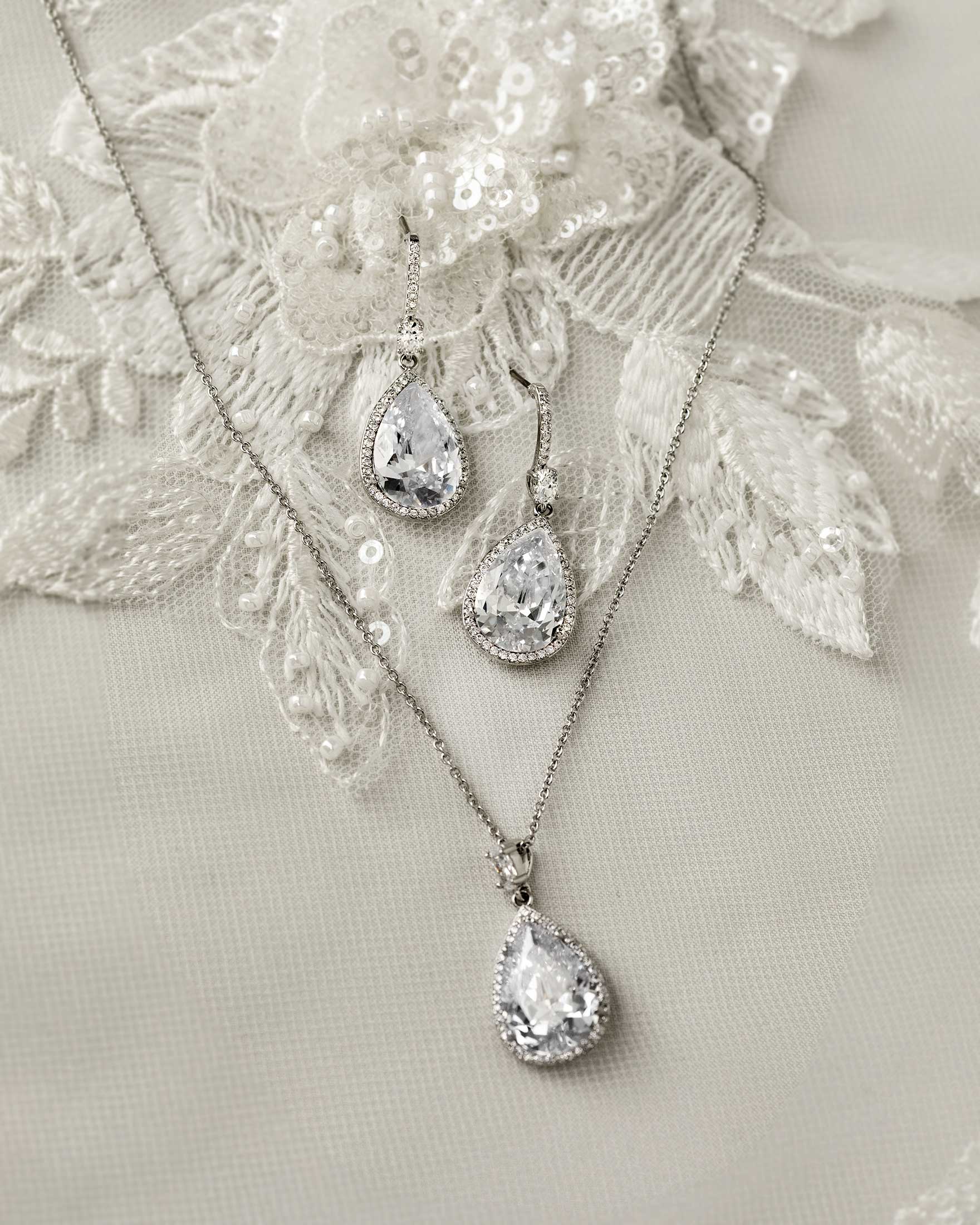 Pave Pear Drop Wedding Earrings and Pendant Necklace