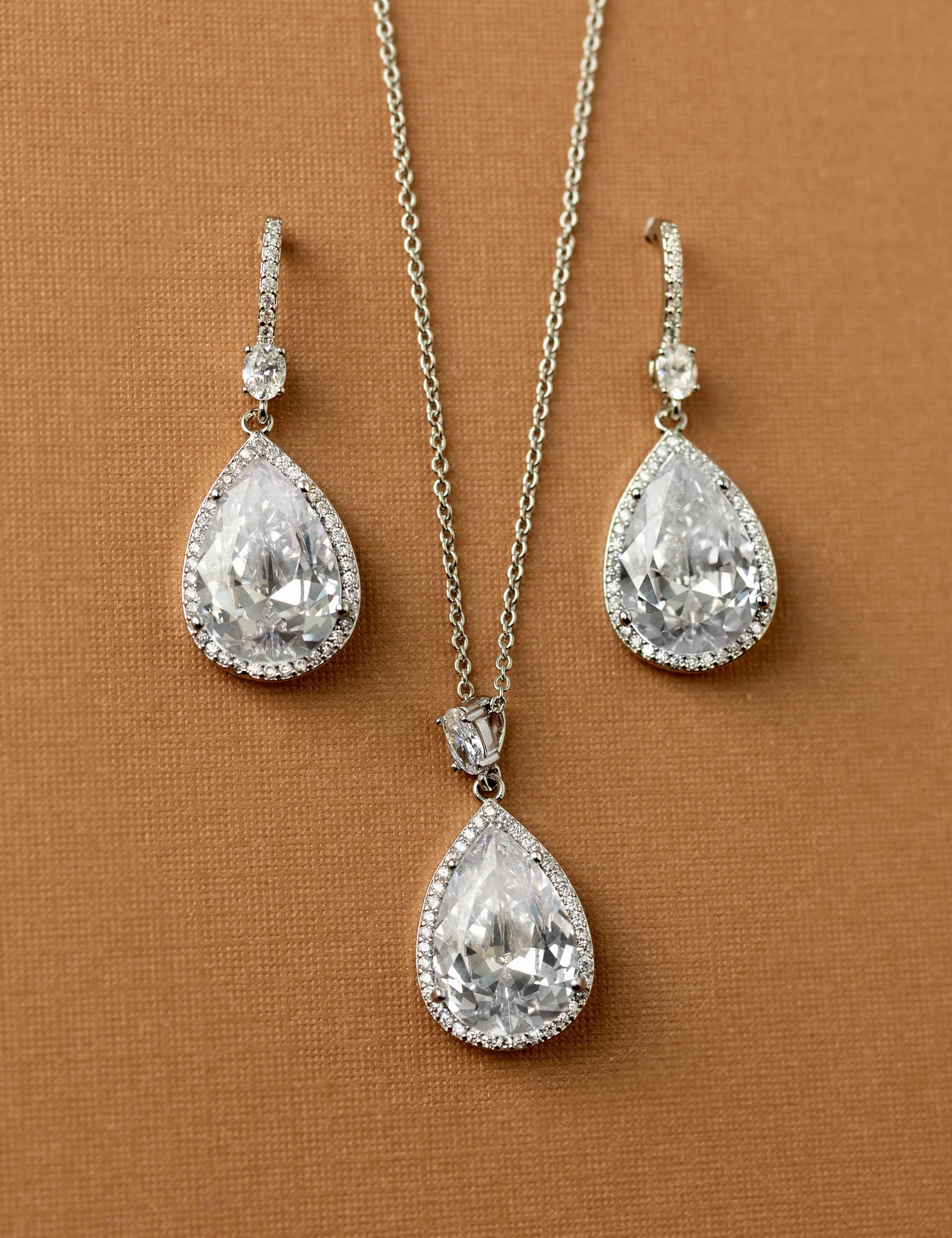 Pave Pear Drop Wedding Earrings and Pendant Necklace