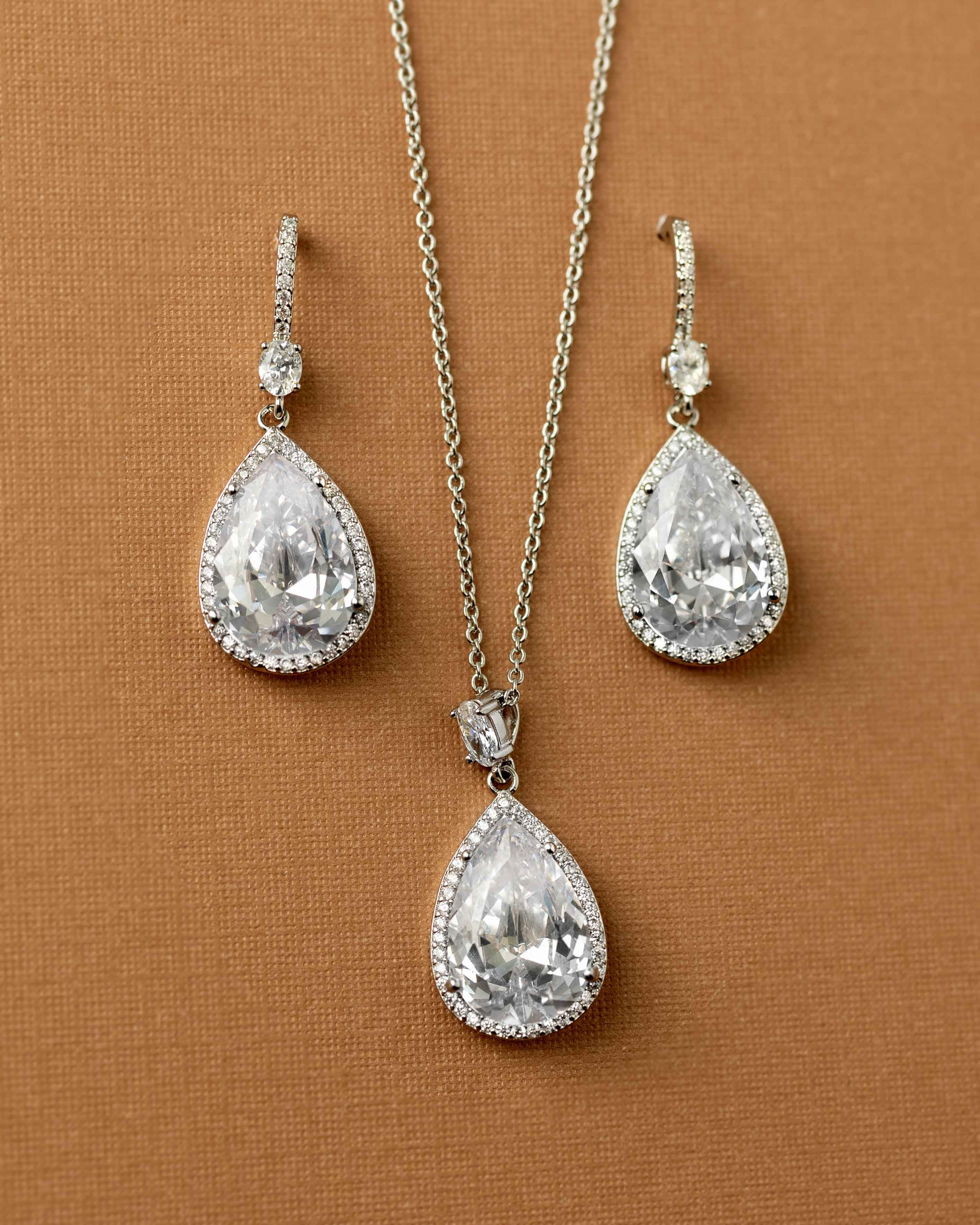 Pave Pear Drop Wedding Earrings and Pendant Necklace