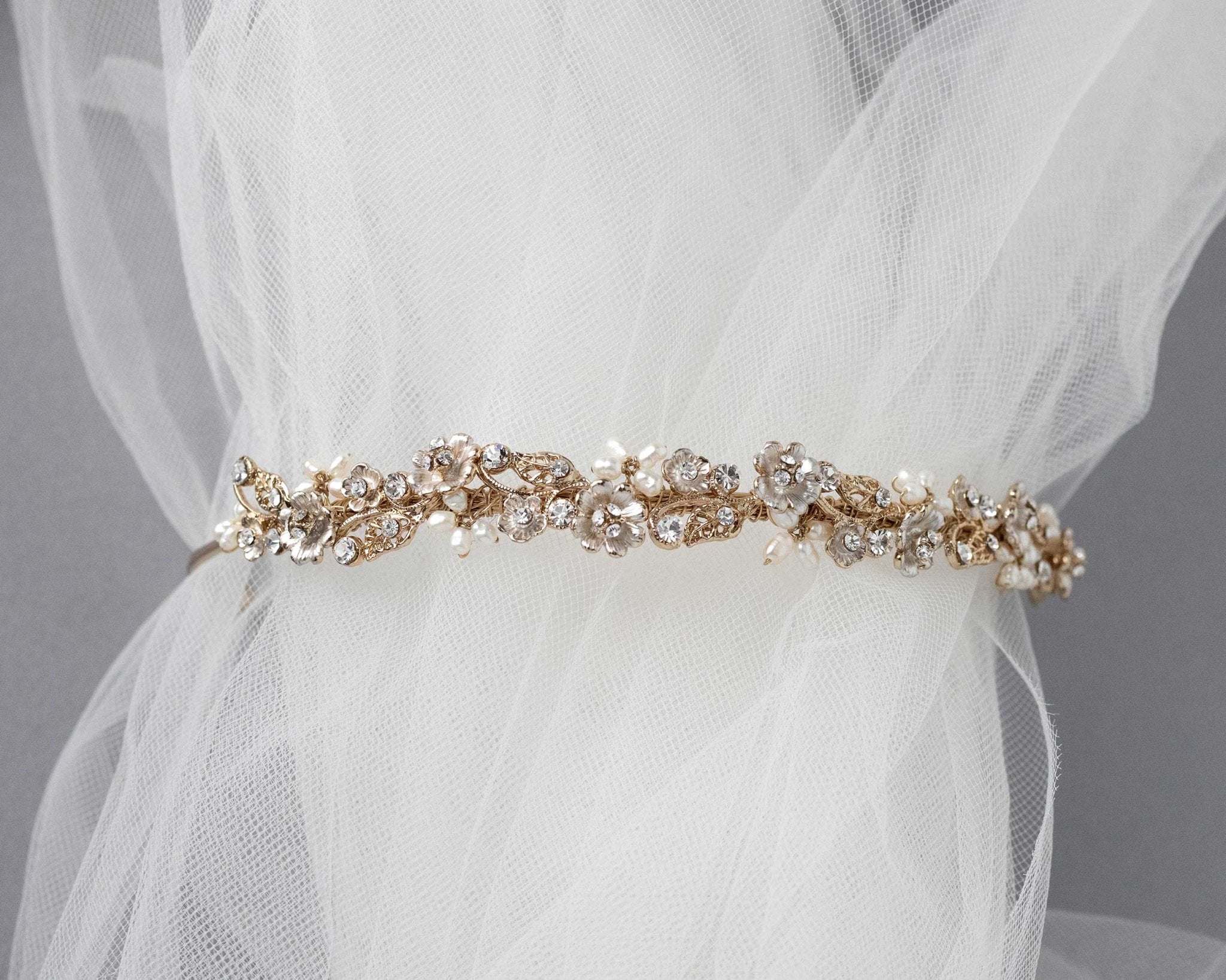 Bridal Tiara of Matte Gold Flowers and Pearls - Tiara - Cassandra Lynne