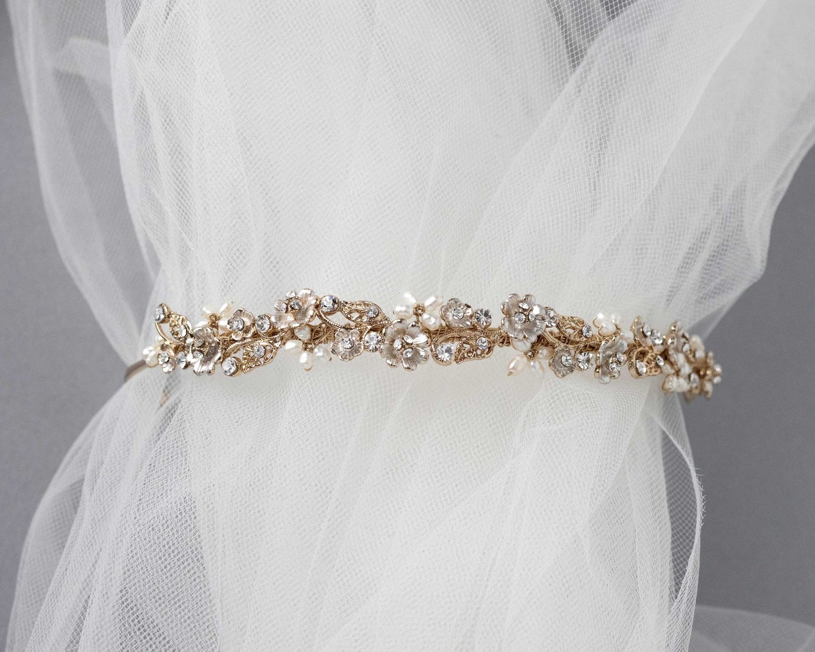 Bridal Tiara of Matte Gold Flowers and Pearls - Tiara - Cassandra Lynne