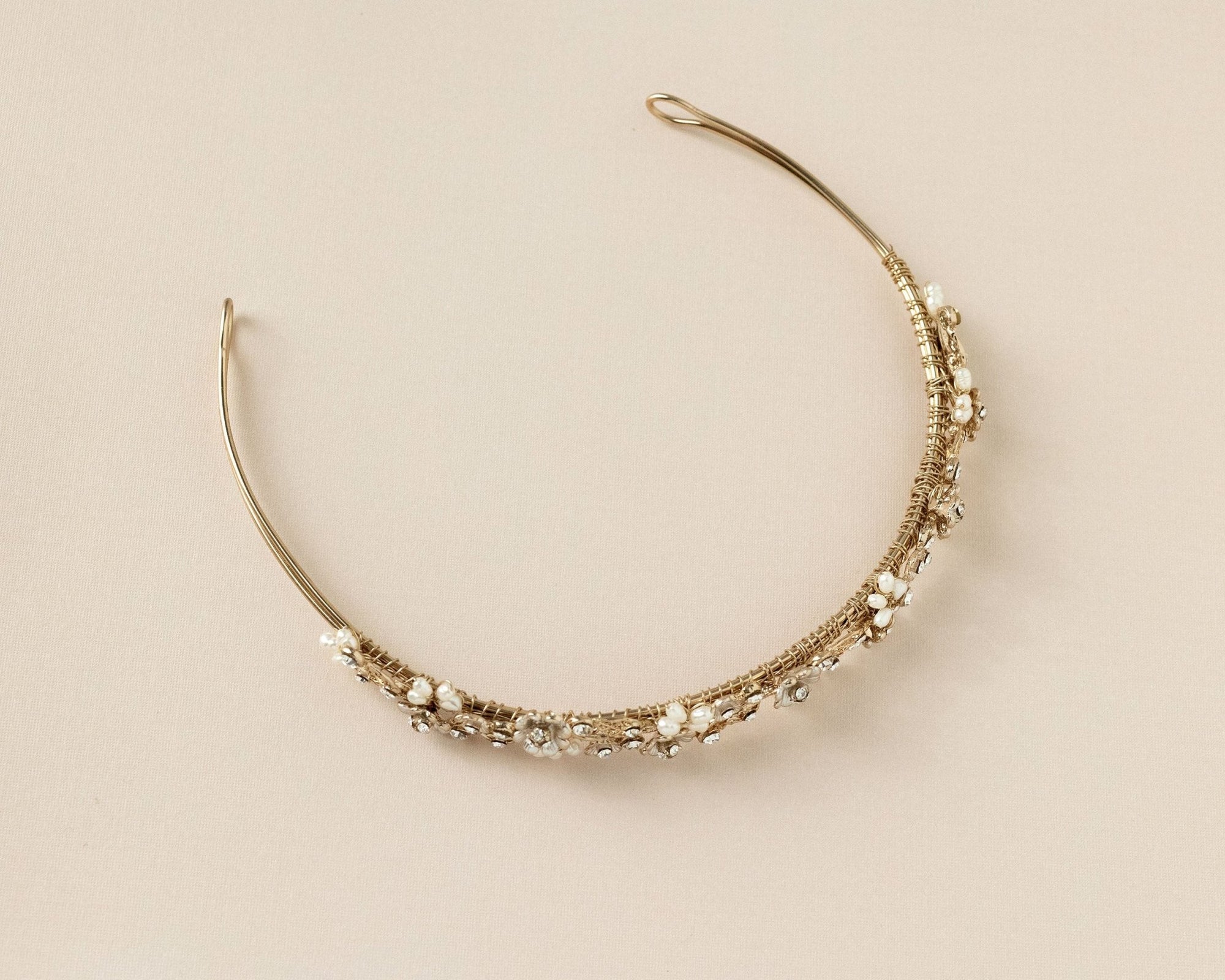 Bridal Tiara of Matte Gold Flowers and Pearls - Tiara - Cassandra Lynne