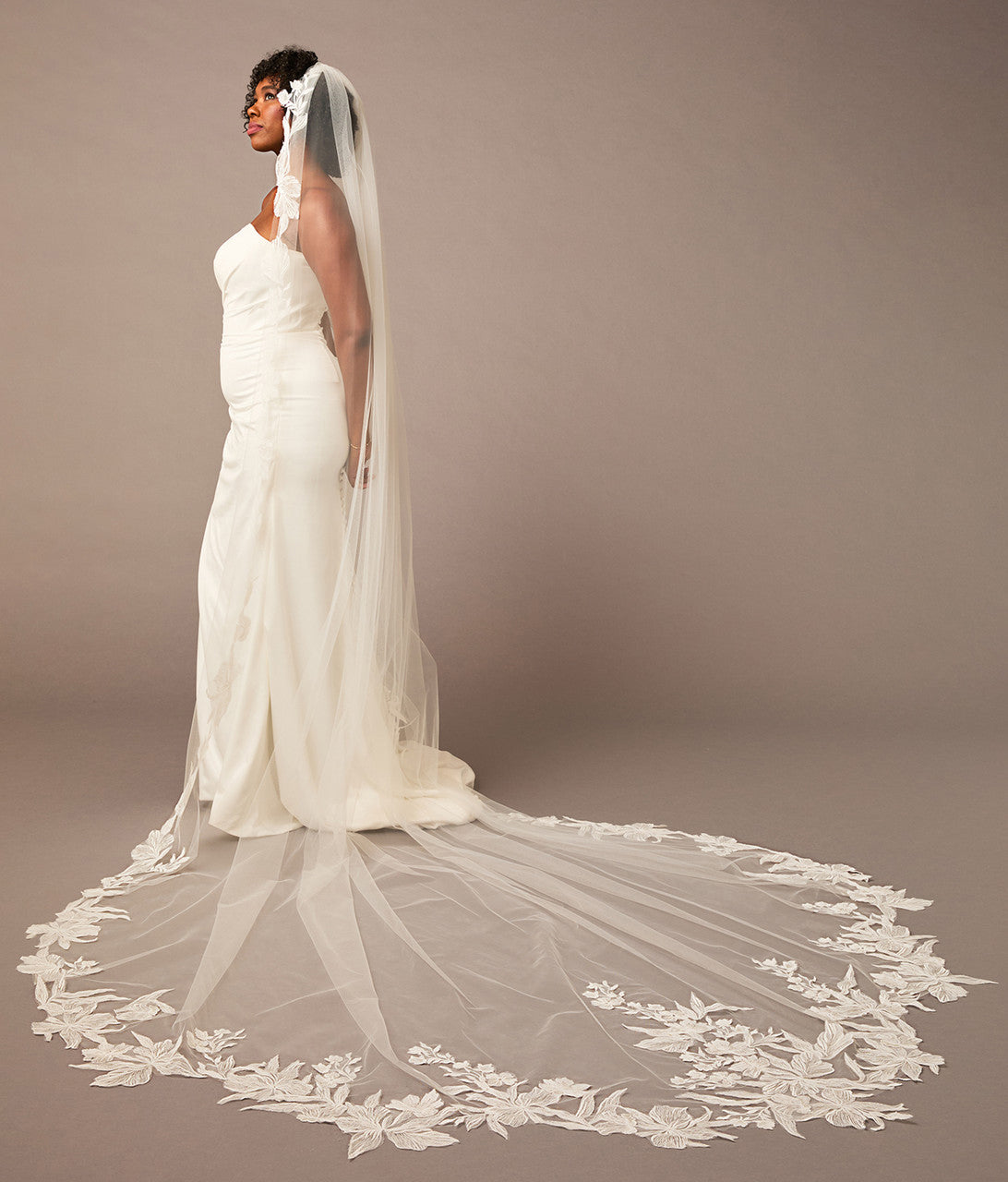 Cathedral Bridal Veil with Intricate Floral Lace Woman wearing a wedding dress with a long, lace-trimmed veil on a brown background