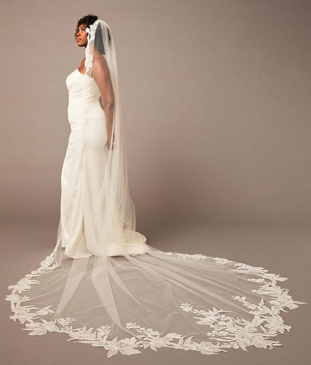 Cathedral Bridal Veil with Intricate Floral Lace Woman wearing a wedding dress with a long, lace-trimmed veil on a brown background