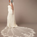 Cathedral Bridal Veil with Intricate Floral Lace Woman wearing a wedding dress with a long, lace-trimmed veil on a brown background