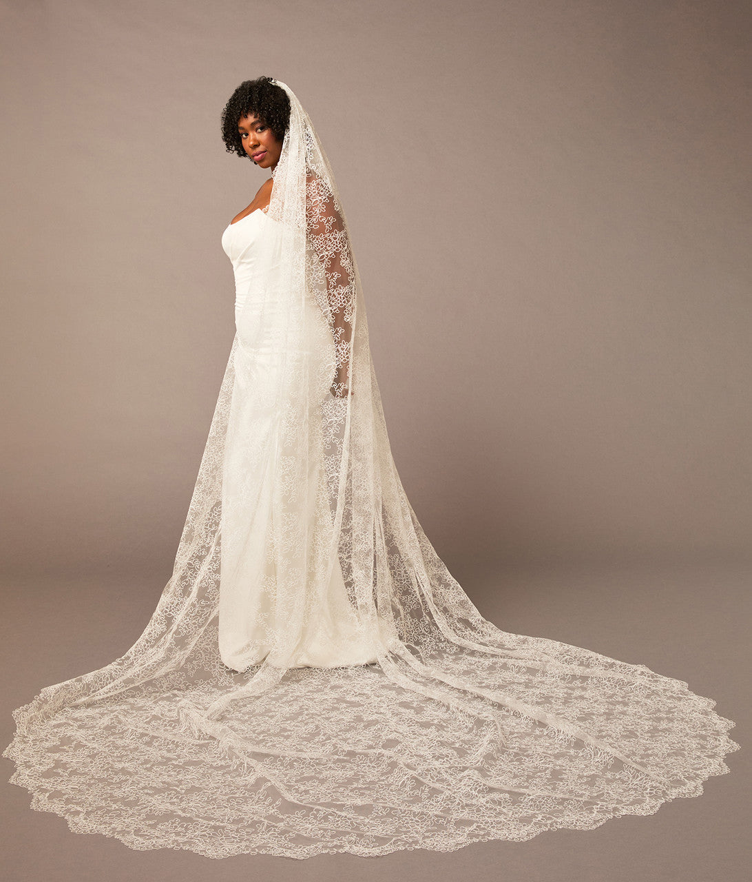 Woman wearing a white wedding dress with a long lace veil against a brown background All over lace veil Cassandra Lynne