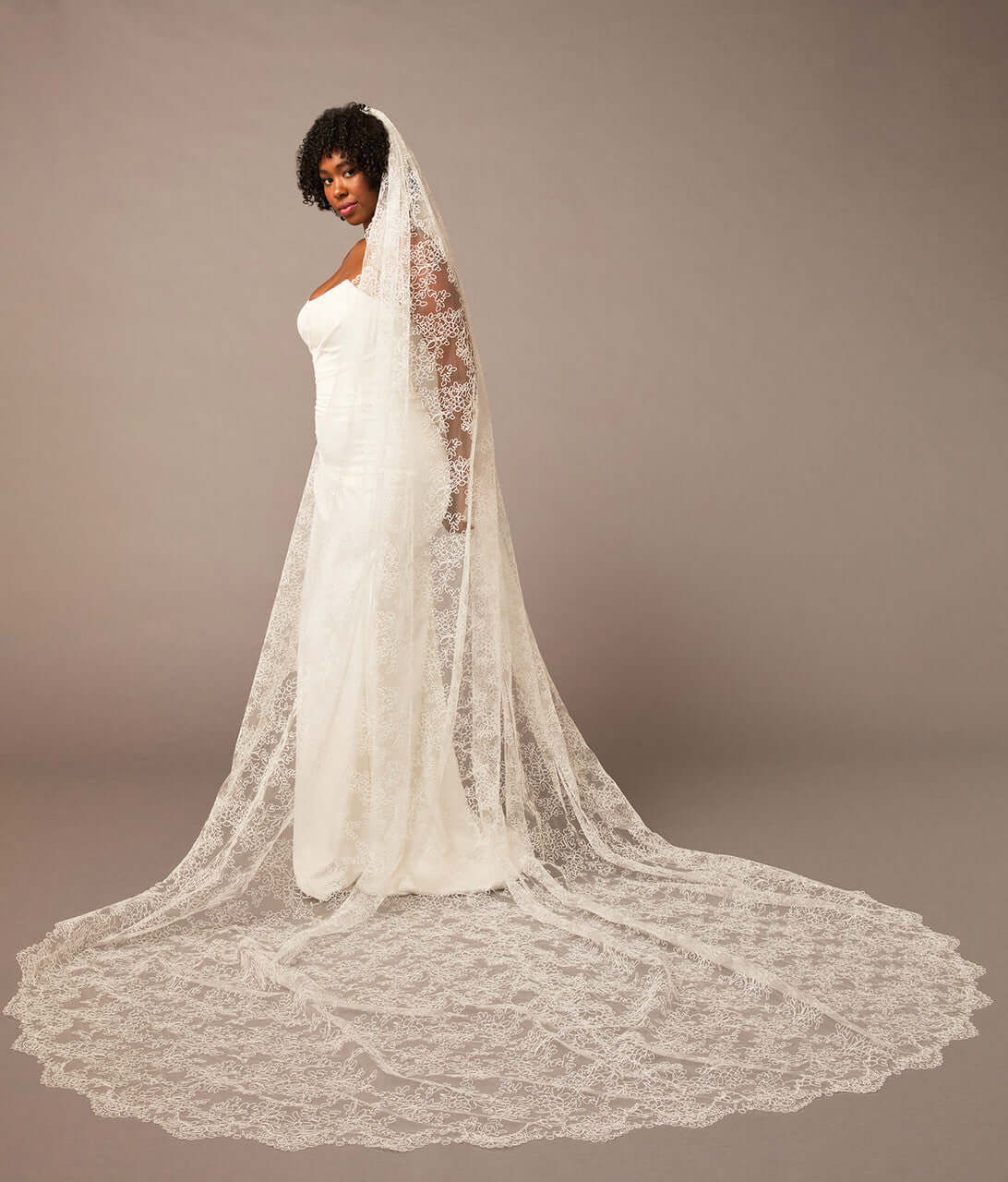 Woman wearing a white wedding dress with a long lace veil against a brown background All over lace veil Cassandra Lynne