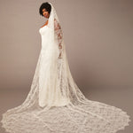 Woman wearing a white wedding dress with a long lace veil against a brown background All over lace veil Cassandra Lynne