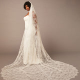 Woman wearing a white wedding dress with a long lace veil against a brown background All over lace veil Cassandra Lynne