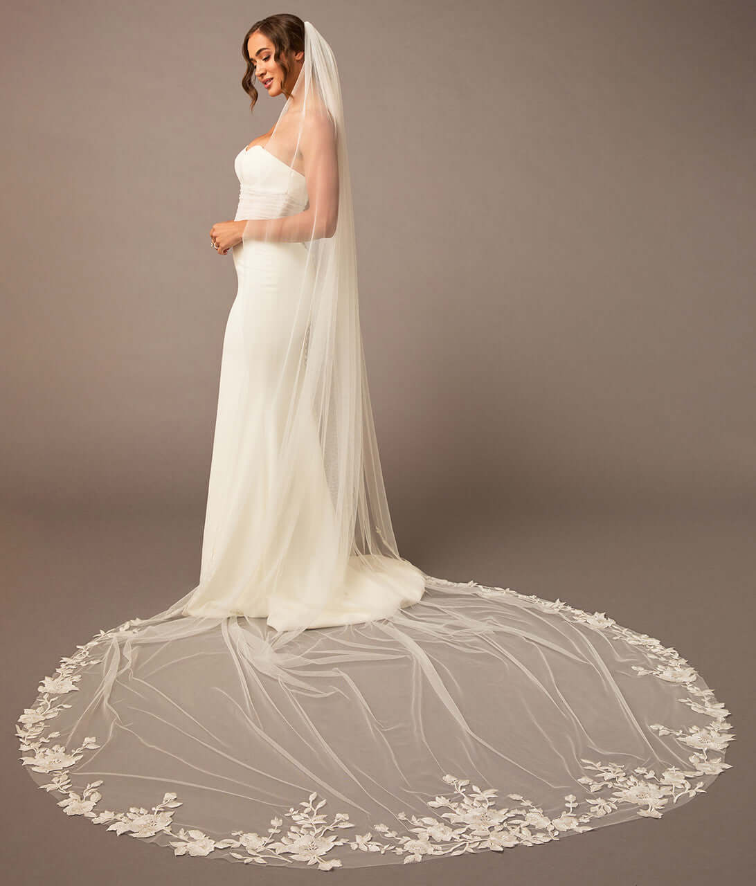 Cathedral Luxe Tulle Lace Wedding Veil Bridal gown with a long, elegant veil on a plain background