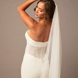 Cathedral Luxe Tulle Lace Wedding Veil Woman wearing a wedding dress with a long veil against a plain background