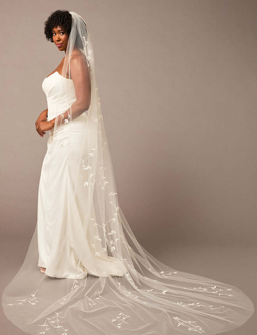 Cathedral Veil with Vine Appliques Woman wearing a wedding dress with a long veil against a brown background