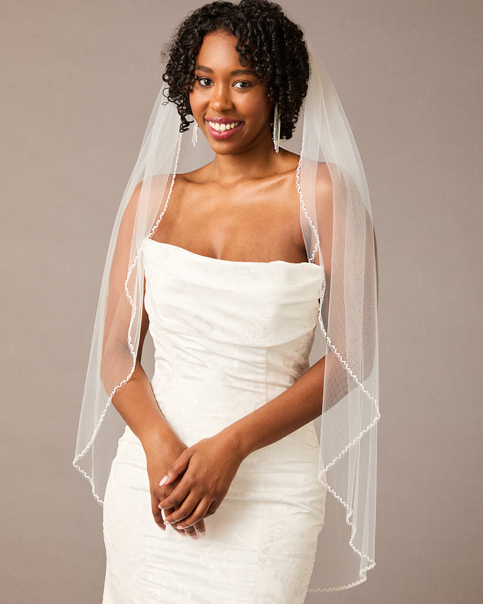 Fingertip Bridal Veil with Opaque Beads and Crystals