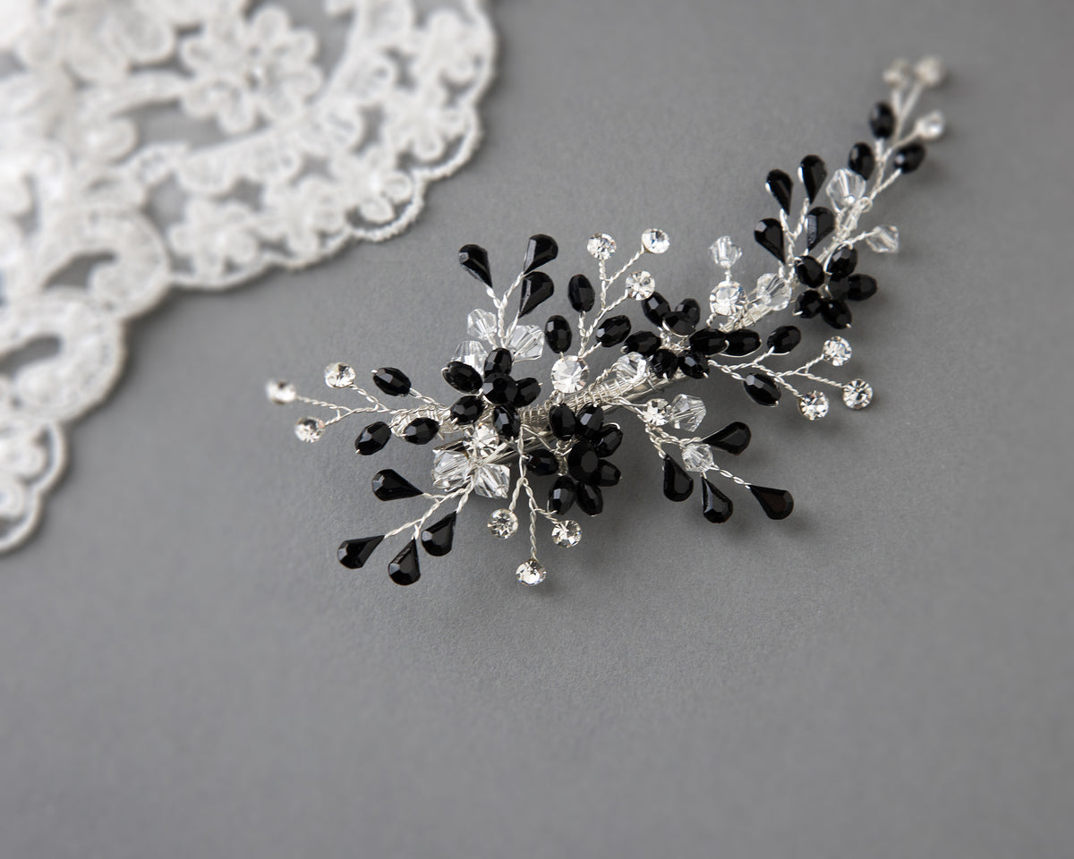 Silver and Black Crystal Wedding Hair Clip - Cassandra Lynne