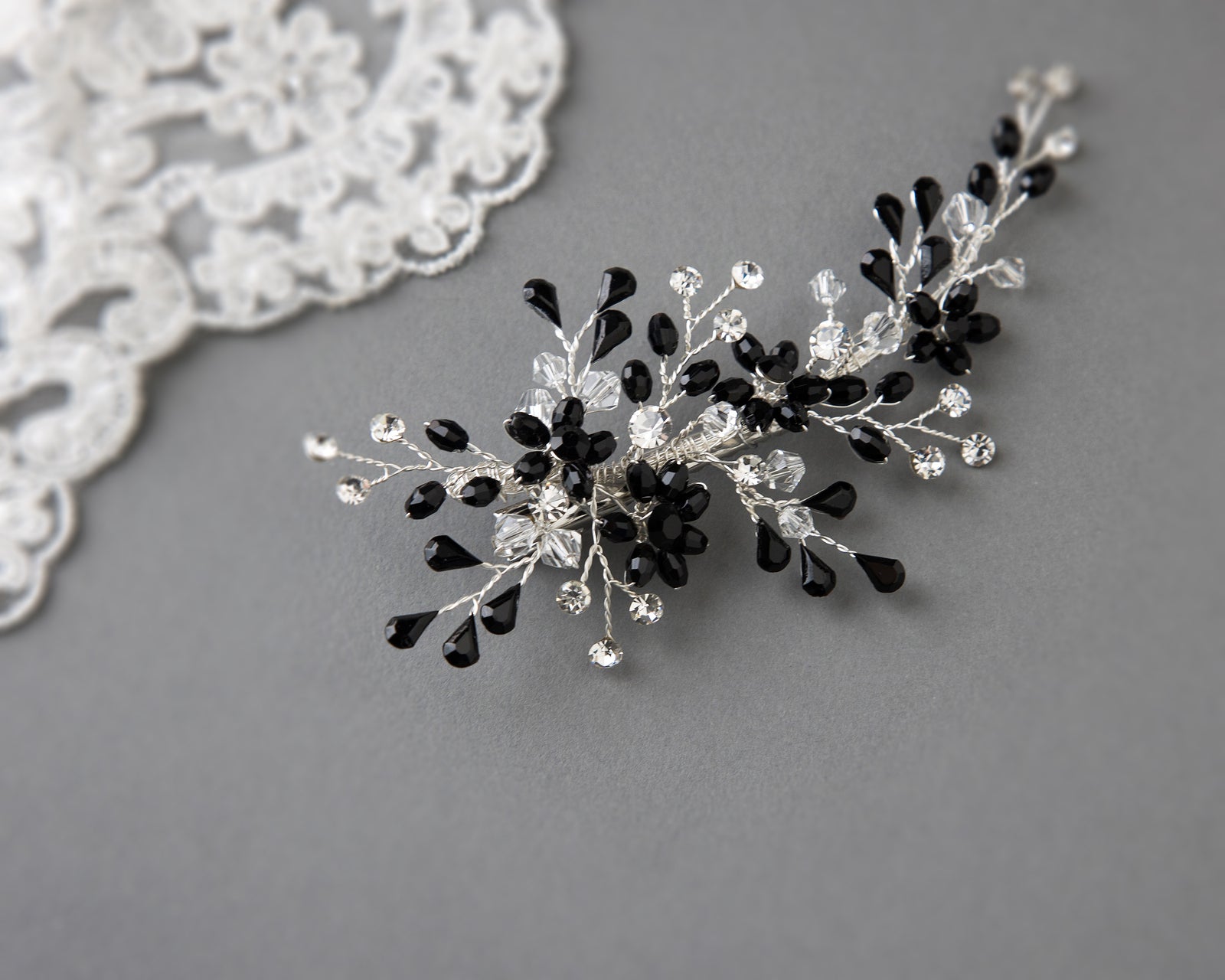 Silver and Black Crystal Wedding Hair Clip - Cassandra Lynne