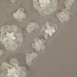 Ivory Cathedral Wedding Veil with 3D Organza Flowers Translucent floral overlay on a brown background