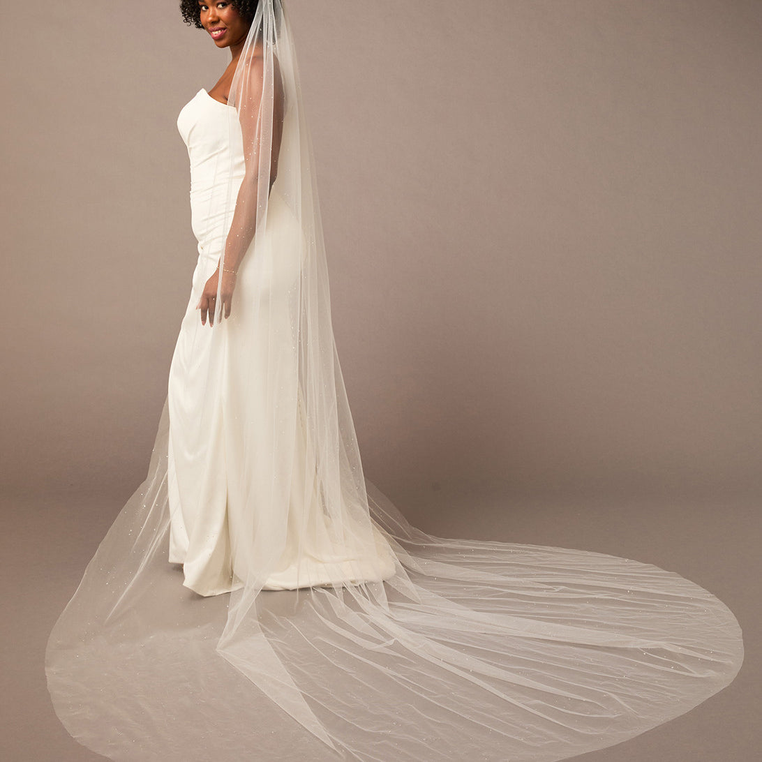 Royal Veil with Raindrop Scatter Woman wearing a wedding dress with a long veil against a plain background