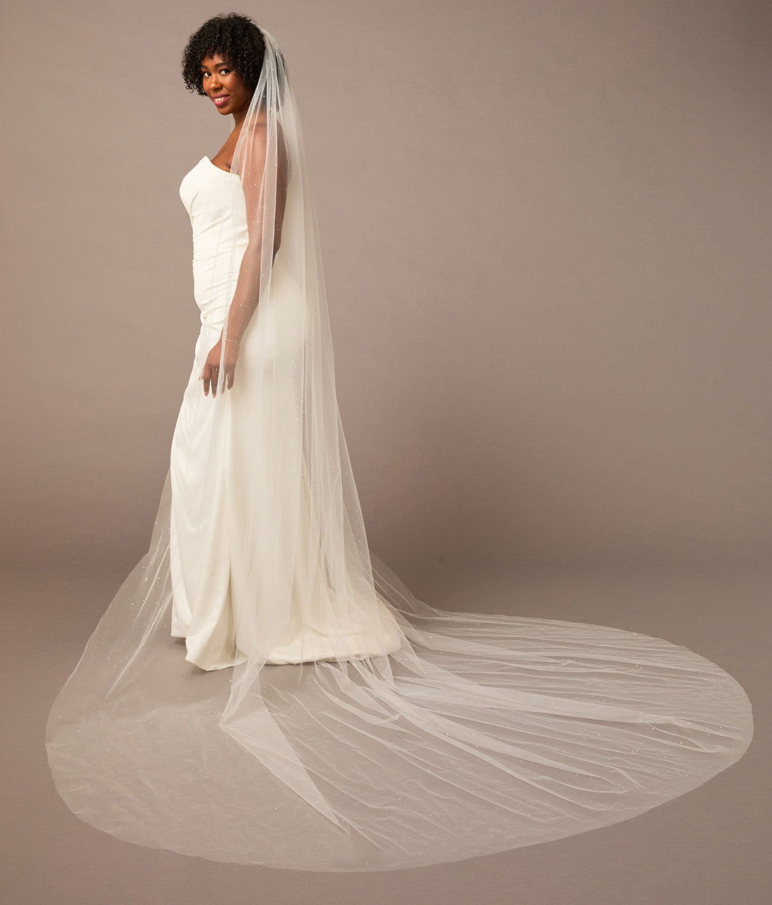 Royal Veil with Raindrop Scatter Woman wearing a wedding dress with a long veil against a plain background