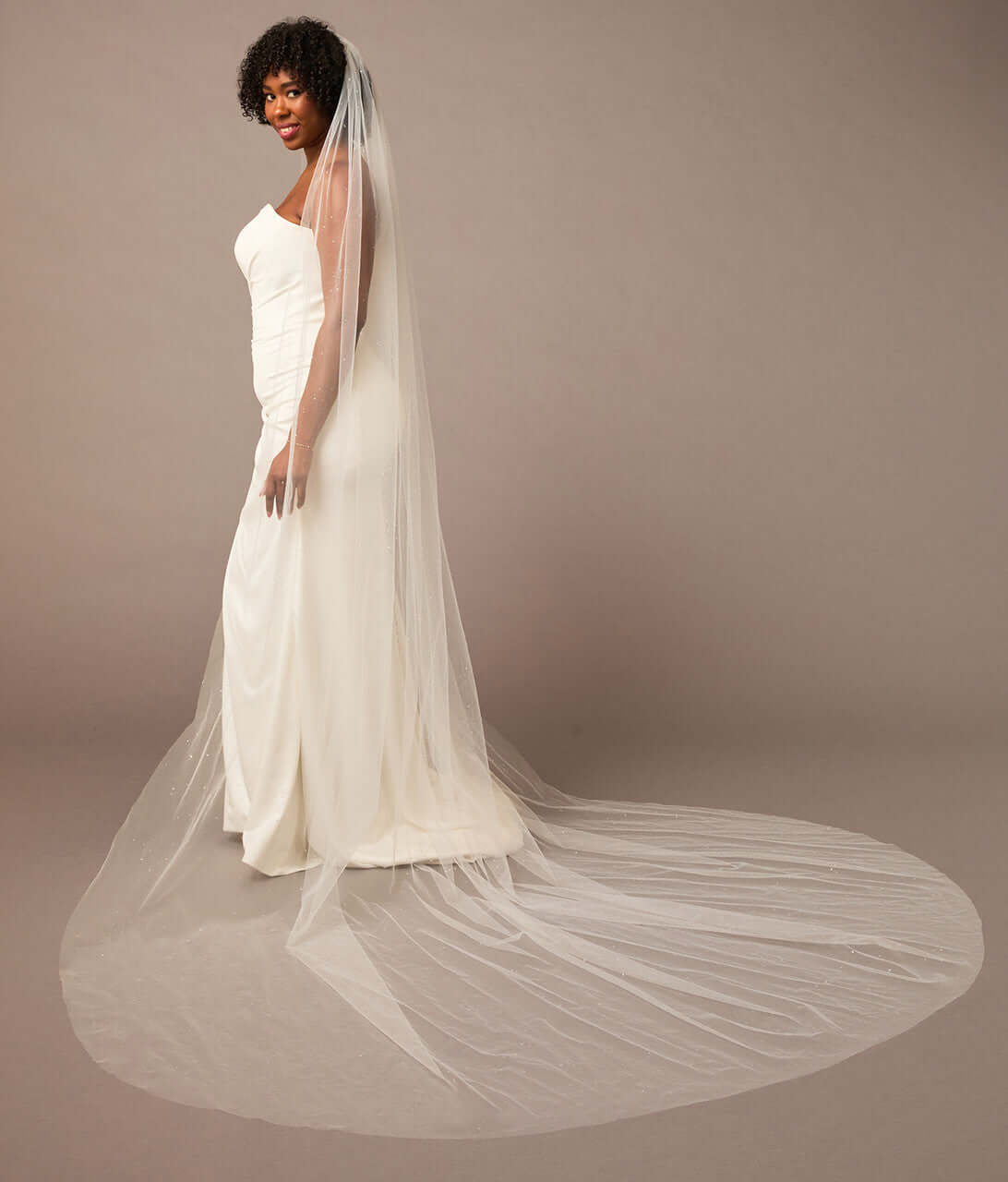 Royal Veil with Raindrop Scatter Woman wearing a wedding dress with a long veil against a plain background