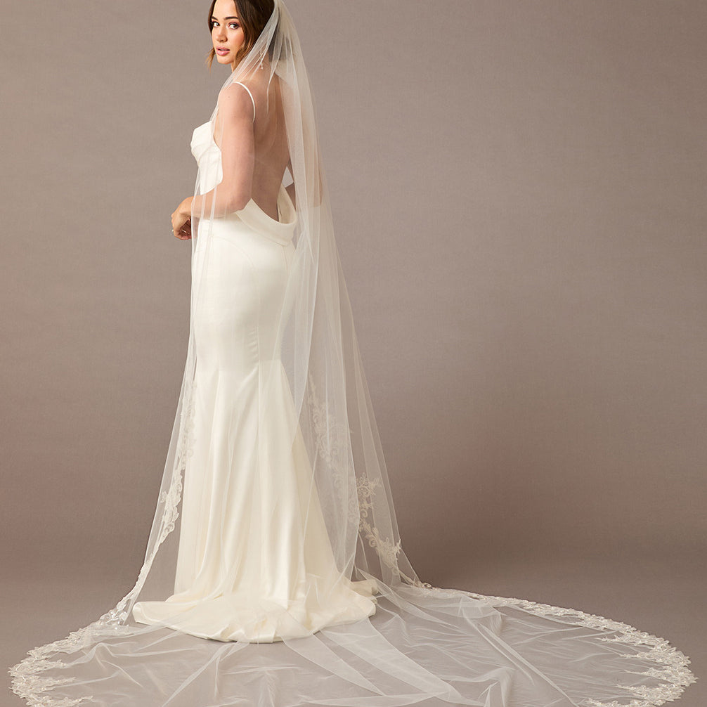 Cathedral Bridal Veil with Sequins, Pearls, and Lace Ivory - Cassandra Lynne