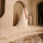 Royal Cathedral Veil with Blusher - Cassandra Lynne A bride in an ivory wedding gown with a long lace-trimmed train and veil stands on stone steps in a warm, beige architectural setting with arches and large vases.