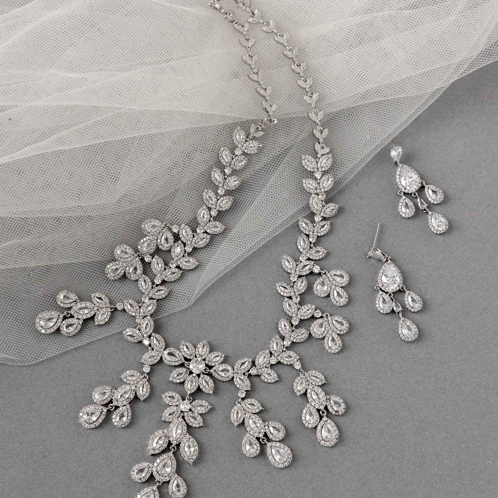 Chandelier Bridal Necklace of CZ Jewels - Necklace Set - Cassandra Lynne