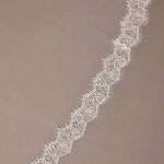 Double Eyelash Lace Cathedral Mantilla Veil Lace trim on a brown background